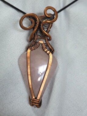 Handmade Rose Quartz Crystal Necklace. Wire Wrapped Copper, Rose Quartz Crystal